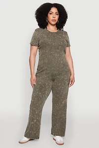 Womens Plus Size Rib Knit Acid Wash Crew Neck Tee, Green, Size 3X