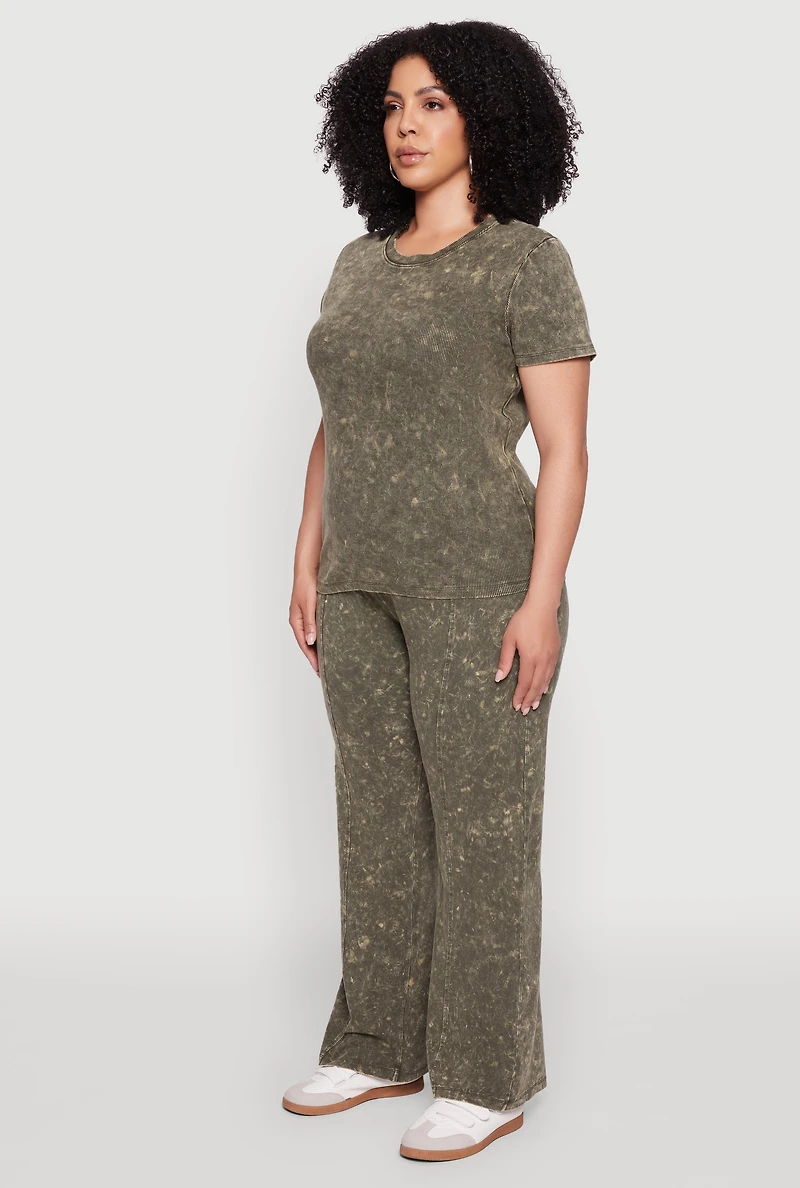 Womens Plus Size Rib Knit Acid Wash Crew Neck Tee, Green, Size 1X