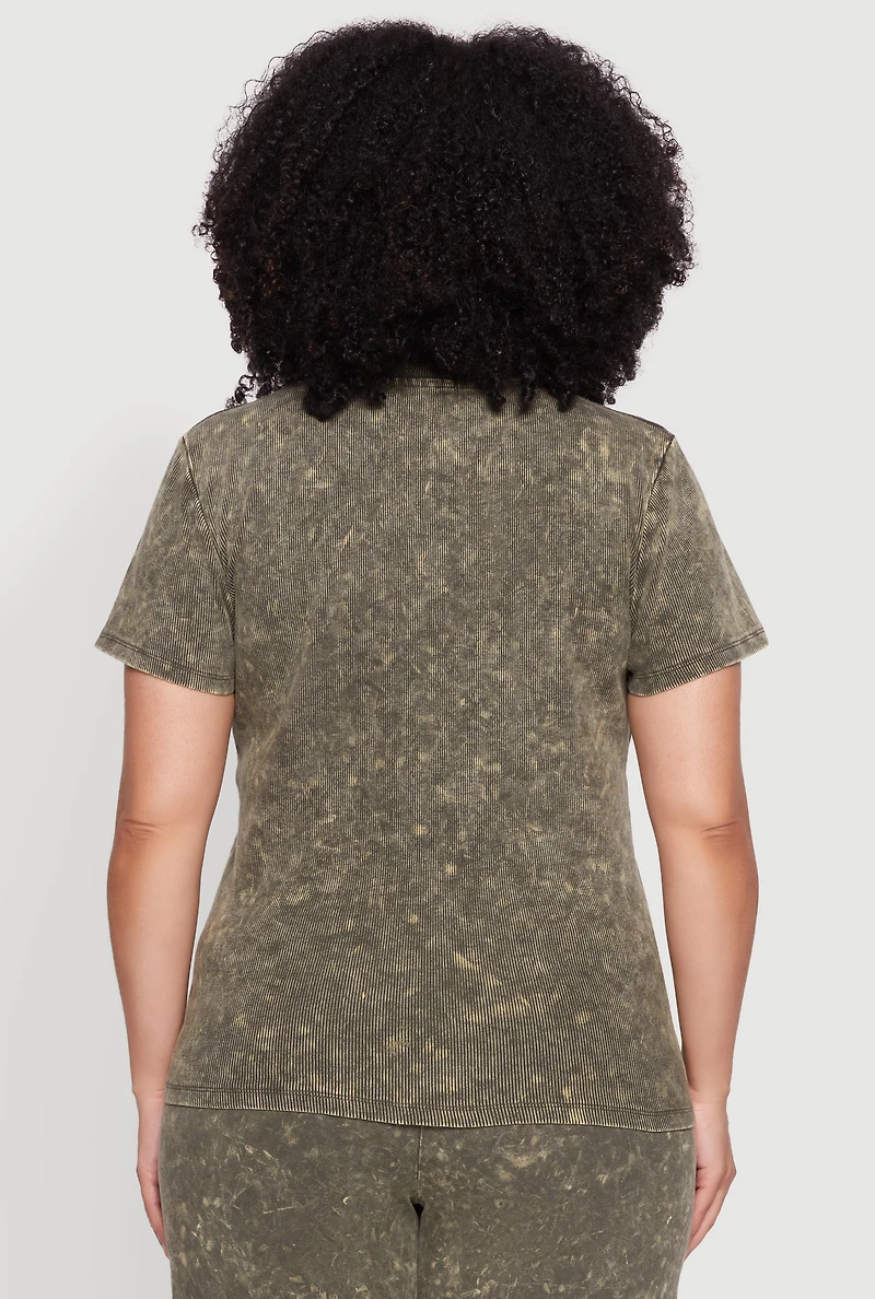 Womens Plus Size Rib Knit Acid Wash Crew Neck Tee, Green, Size 1X