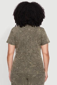 Womens Plus Size Rib Knit Acid Wash Crew Neck Tee, Green, Size 1X
