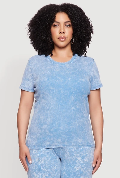 Womens Plus Rib Knit Acid Wash Crew Neck Tee, Blue,