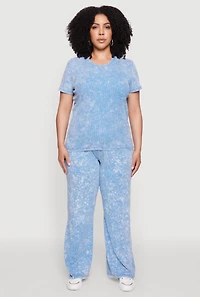Womens Plus Rib Knit Acid Wash Crew Neck Tee, Blue,
