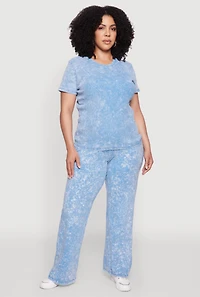 Womens Plus Rib Knit Acid Wash Crew Neck Tee, Blue,