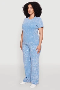 Womens Plus Rib Knit Acid Wash Crew Neck Tee, Blue,