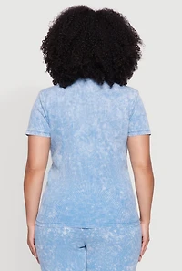 Womens Plus Rib Knit Acid Wash Crew Neck Tee, Blue,