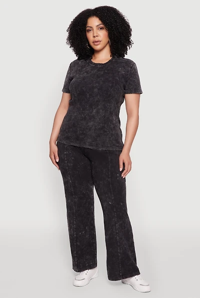 Womens Plus Acid Wash Pintuck Wide Leg Pants,