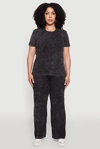Womens Plus Acid Wash Pintuck Wide Leg Pants,