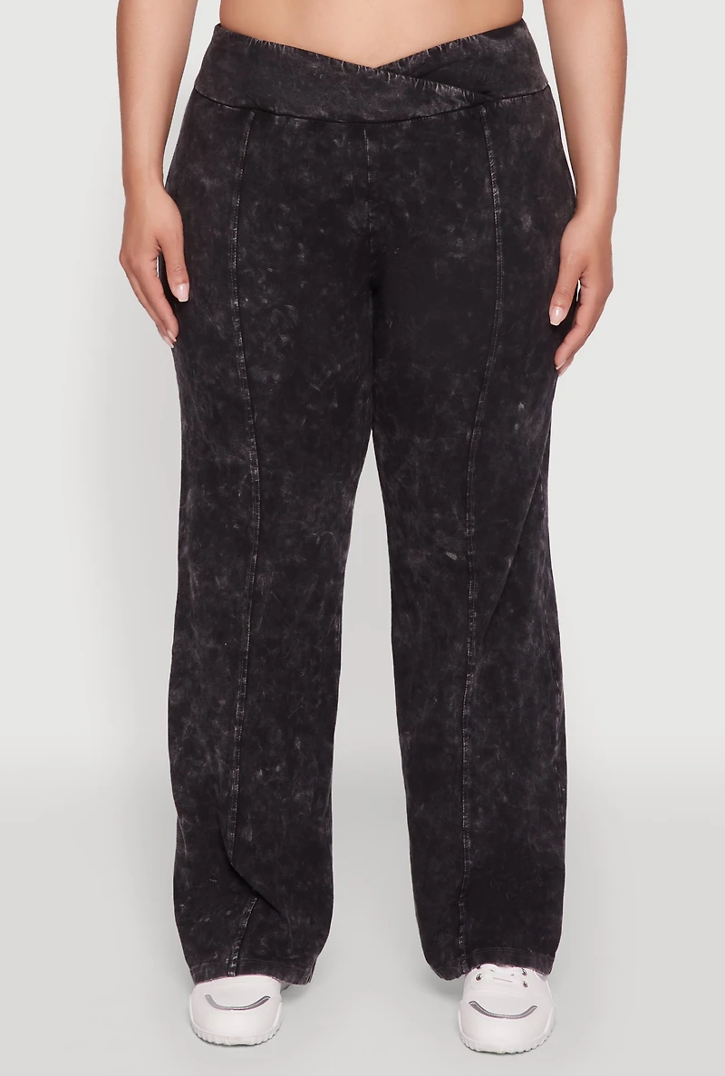 Womens Plus Acid Wash Pintuck Wide Leg Pants,