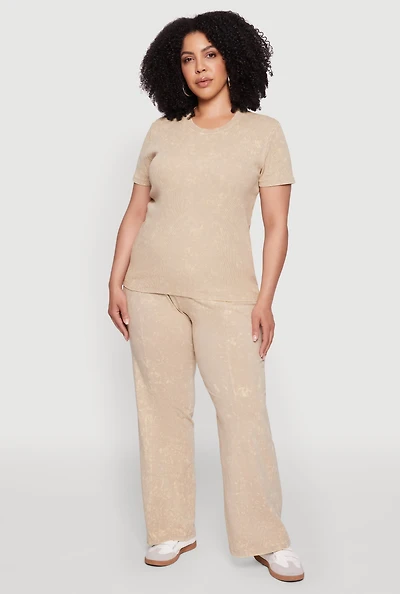 Womens Plus Size Acid Wash Pintuck Wide Leg Pants, Khaki, Size 3X