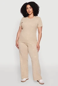 Womens Plus Size Acid Wash Pintuck Wide Leg Pants, Khaki, Size 3X