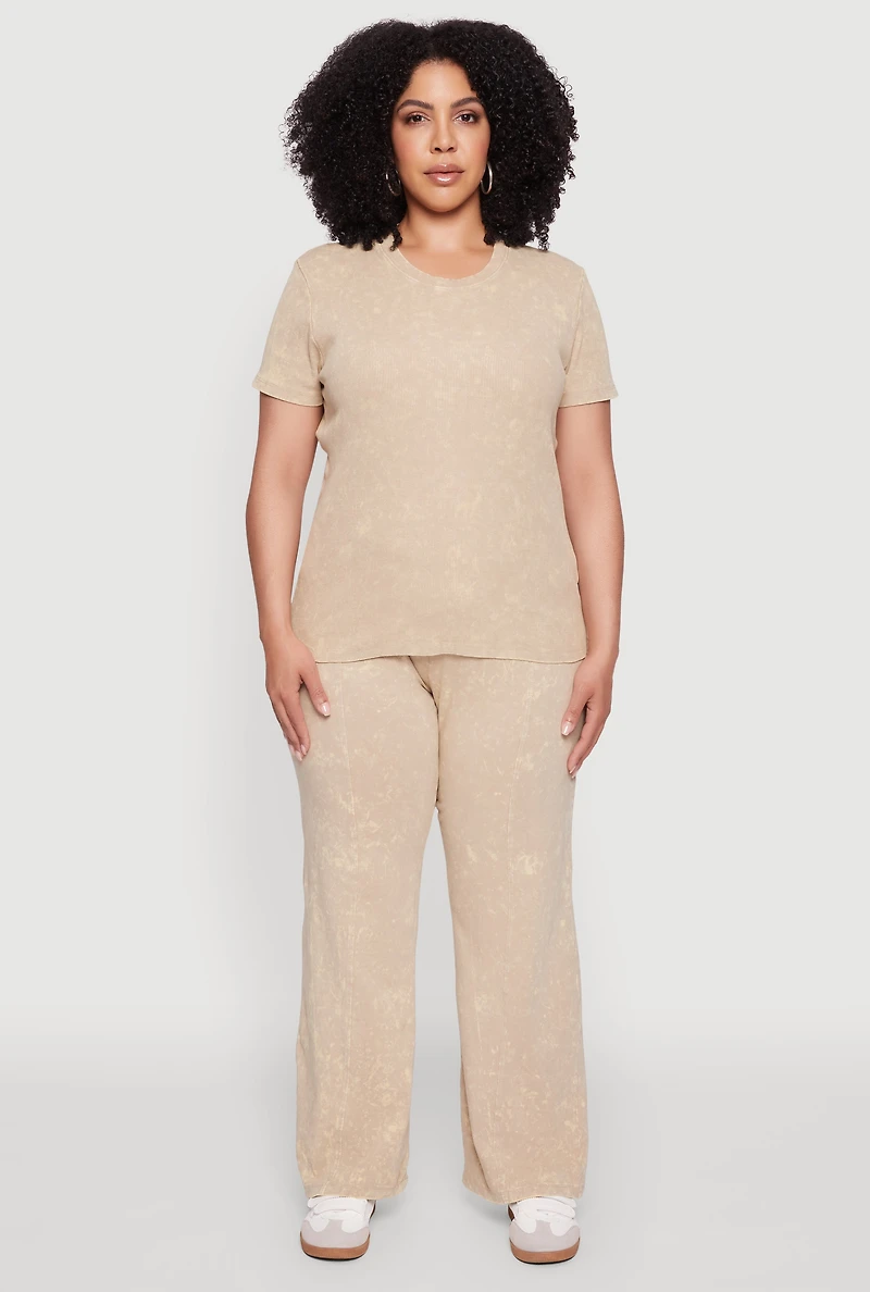 Womens Plus Size Acid Wash Pintuck Wide Leg Pants, Khaki, Size 3X