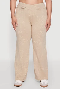 Womens Plus Size Acid Wash Pintuck Wide Leg Pants, Khaki, Size 3X