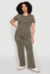 Womens Plus Size Acid Wash Pintuck Wide Leg Pants, Green, Size 1X