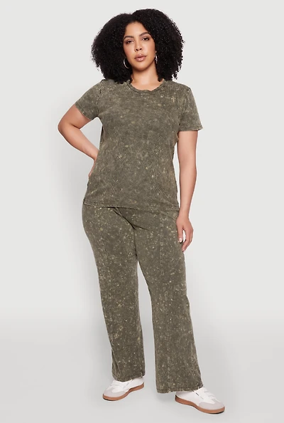 Womens Plus Acid Wash Pintuck Wide Leg Pants,