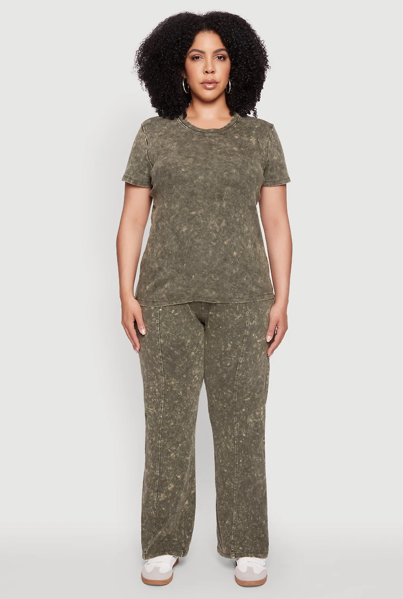 Womens Plus Size Acid Wash Pintuck Wide Leg Pants, Green, Size 1X