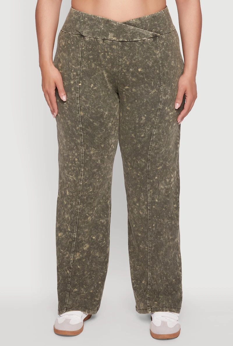 Womens Plus Size Acid Wash Pintuck Wide Leg Pants, Green, Size 1X