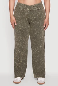Womens Plus Size Acid Wash Pintuck Wide Leg Pants, Green, Size 1X