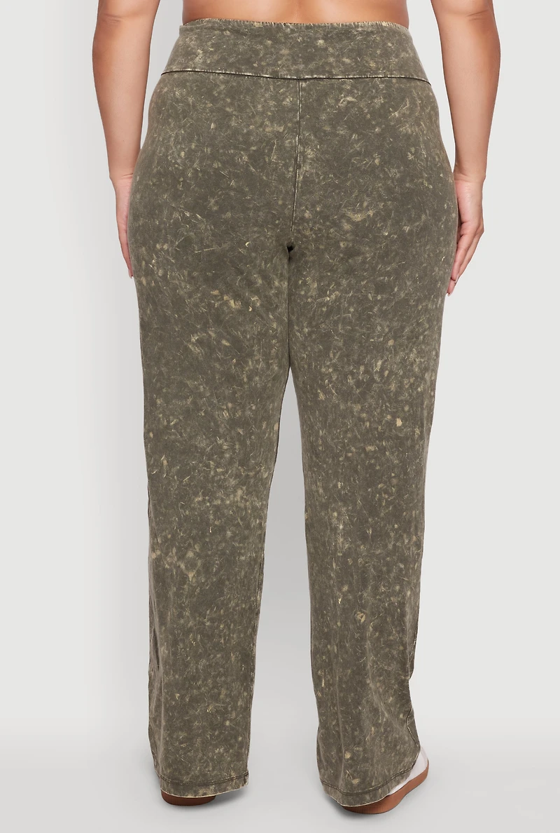 Womens Plus Size Acid Wash Pintuck Wide Leg Pants, Green, Size 1X
