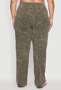 Womens Plus Size Acid Wash Pintuck Wide Leg Pants, Green, Size 1X