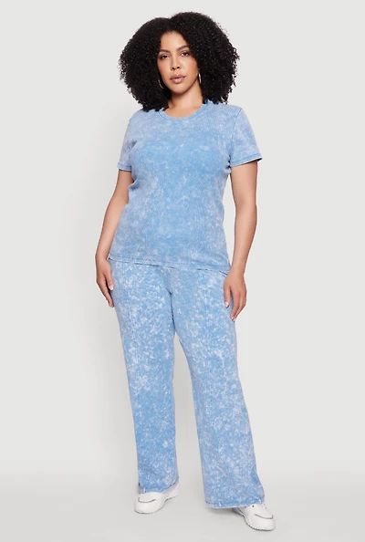 Womens Plus Size Acid Wash Pintuck Wide Leg Pants, Blue, Size 3X