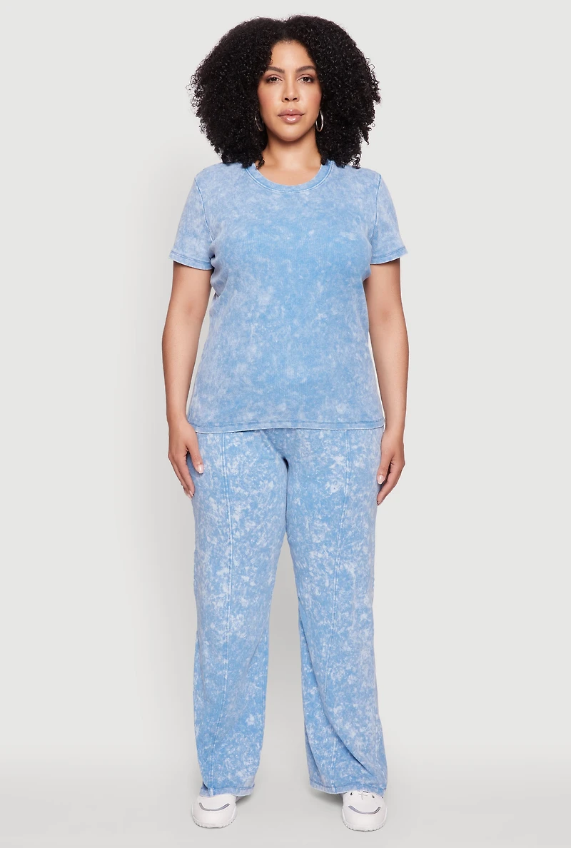 Womens Plus Acid Wash Pintuck Wide Leg Pants, Blue,