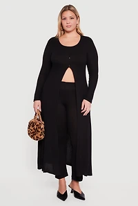 Plus Split Hem Long Sweater with Faux Buttons