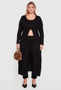 Plus Split Hem Long Sweater with Faux Buttons