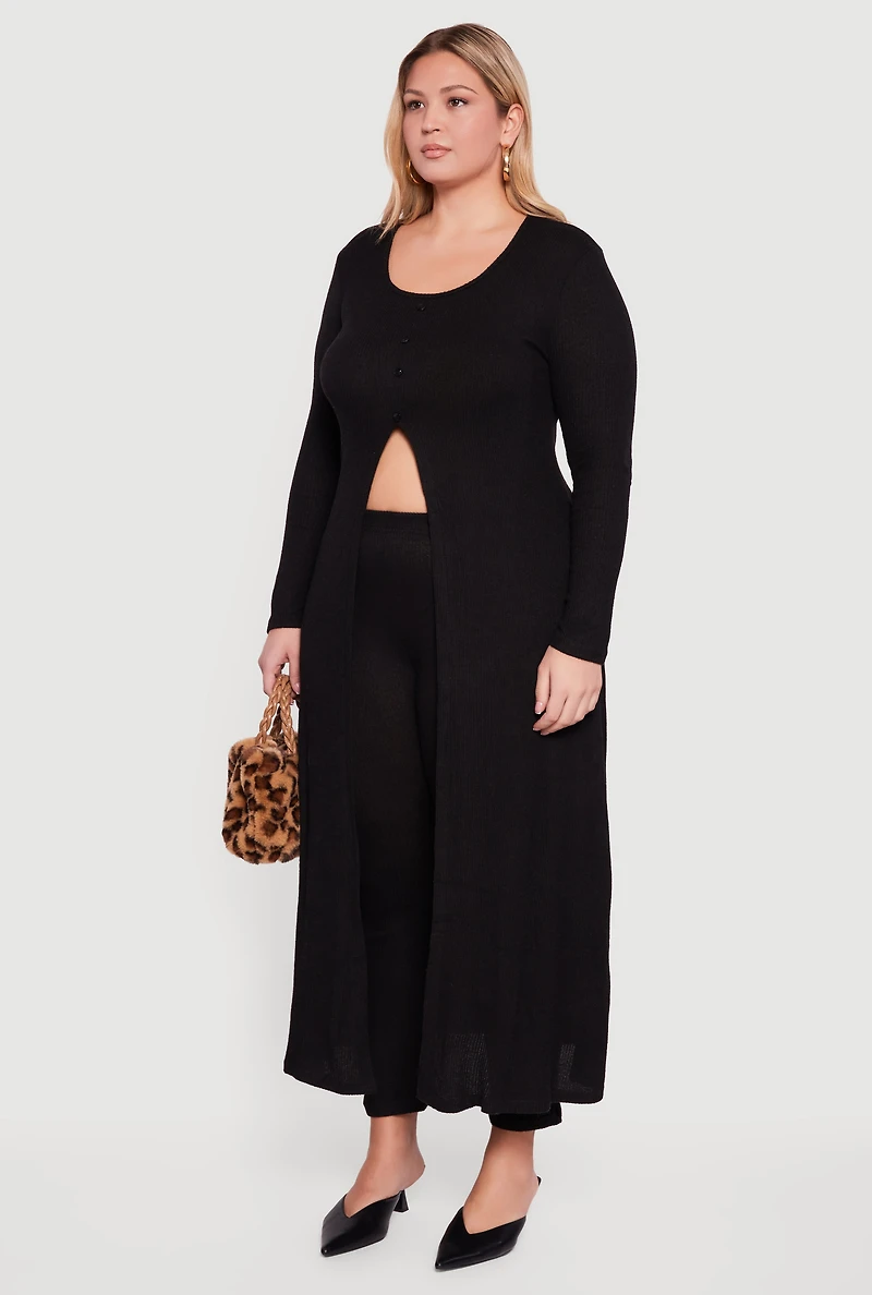 Plus Split Hem Long Sweater with Faux Buttons