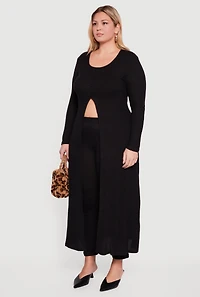 Plus Split Hem Long Sweater with Faux Buttons