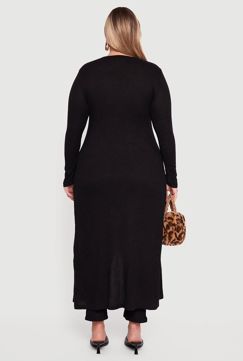 Plus Split Hem Long Sweater with Faux Buttons