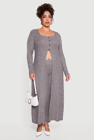 Womens Plus Size Split Hem Long Sweater with Faux Buttons, Grey, Size 3X