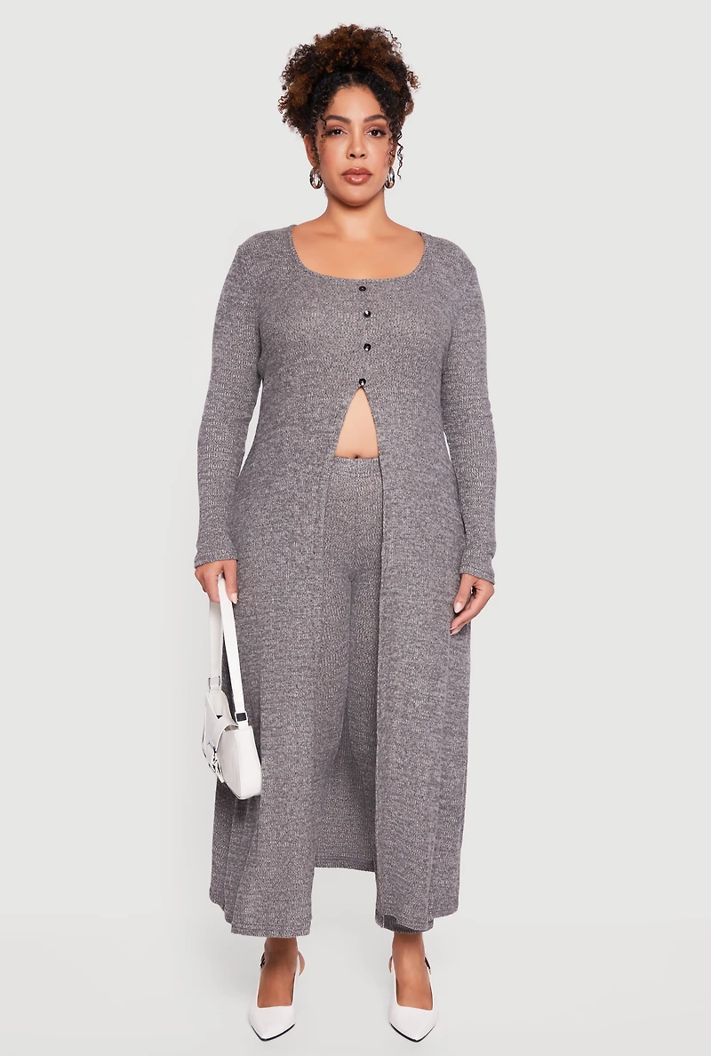 Womens Plus Split Hem Long Sweater with Faux Buttons, Grey,