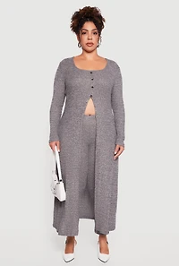 Womens Plus Split Hem Long Sweater with Faux Buttons, Grey,