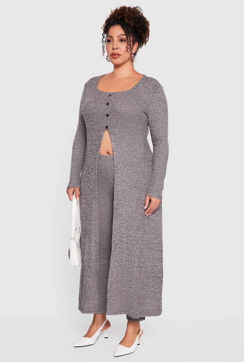 Womens Plus Split Hem Long Sweater with Faux Buttons, Grey,