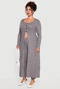 Womens Plus Split Hem Long Sweater with Faux Buttons, Grey,