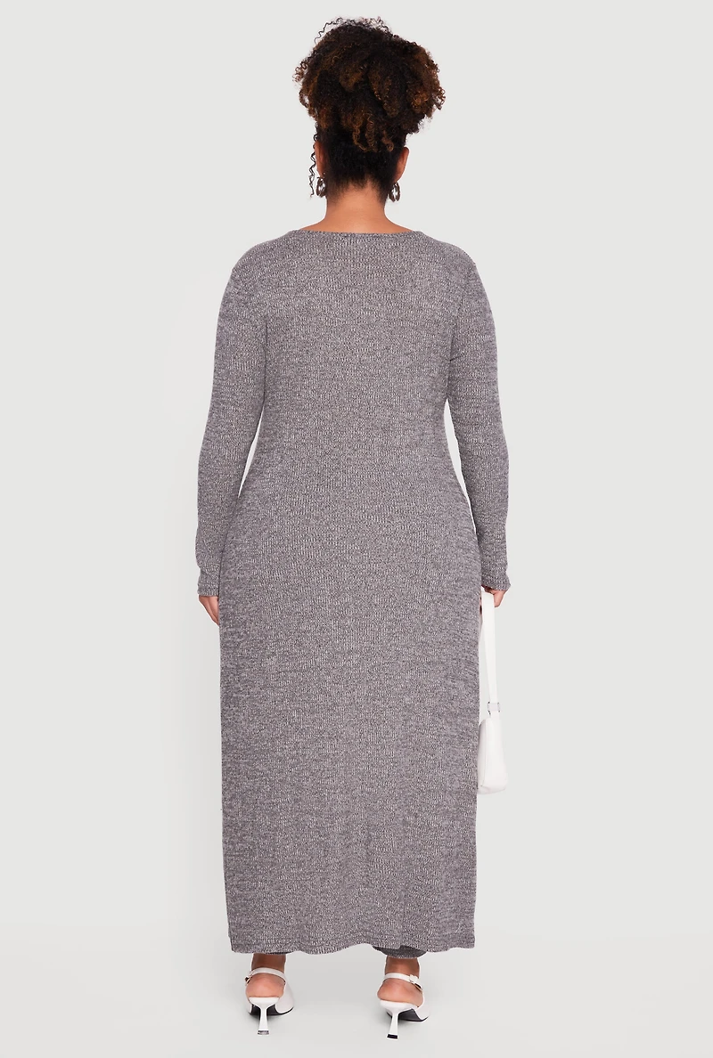 Womens Plus Split Hem Long Sweater with Faux Buttons, Grey,