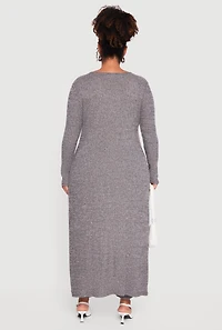 Womens Plus Split Hem Long Sweater with Faux Buttons, Grey,