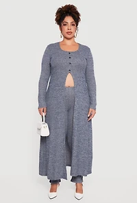 Plus Split Hem Long Sweater with Faux Buttons