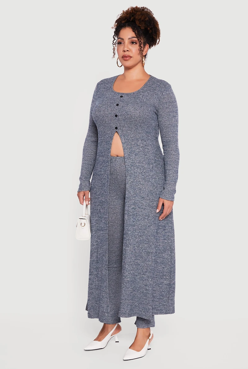 Plus Split Hem Long Sweater with Faux Buttons