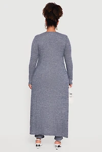 Plus Split Hem Long Sweater with Faux Buttons