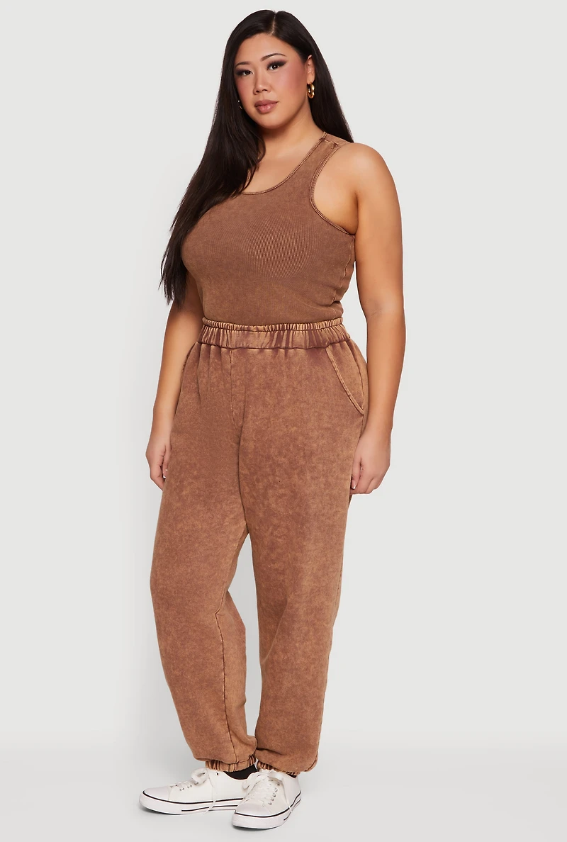 Plus High Waisted Acid Wash Joggers with Pockets