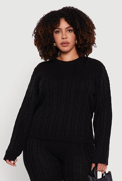 Womens Plus Size Cable Knit Crew Neck Pullover Sweater, Black, Size 2X