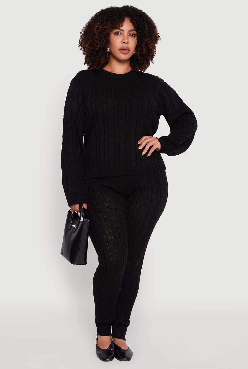 Womens Plus Size Cable Knit Crew Neck Pullover Sweater, Black, Size 2X