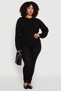 Womens Plus Size Cable Knit Crew Neck Pullover Sweater, Black, Size 2X