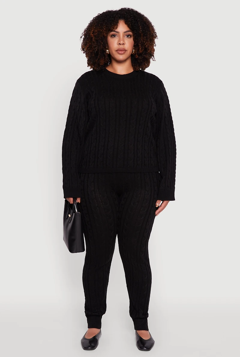 Womens Plus Size Cable Knit Crew Neck Pullover Sweater, Black, Size 2X