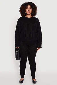 Womens Plus Size Cable Knit Crew Neck Pullover Sweater, Black, Size 2X