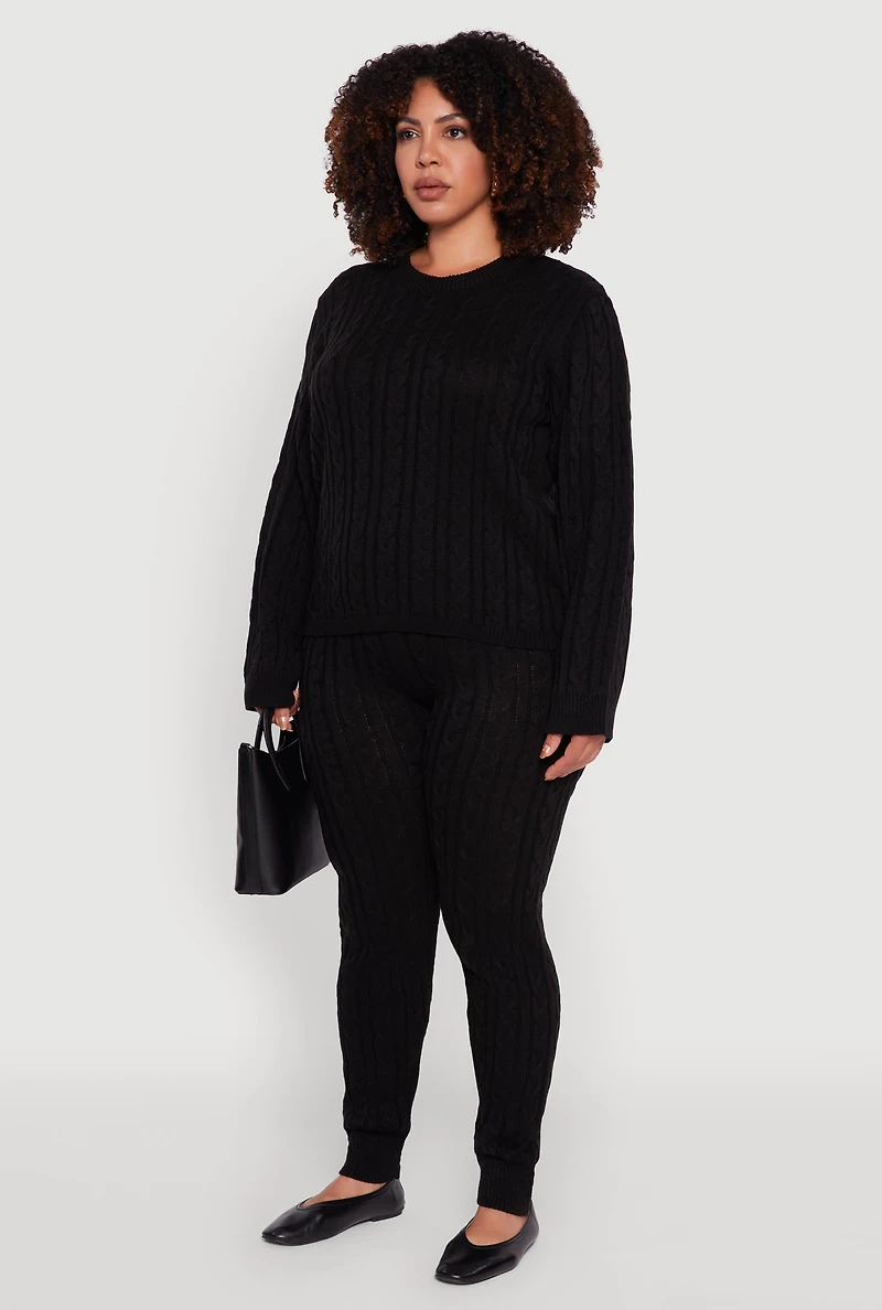 Womens Plus Size Cable Knit Crew Neck Pullover Sweater, Black, Size 2X