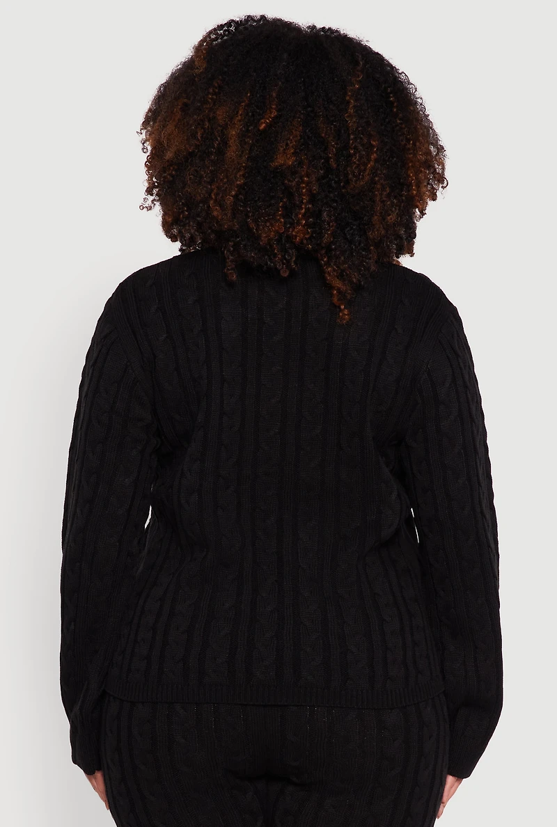 Womens Plus Size Cable Knit Crew Neck Pullover Sweater, Black, Size 2X