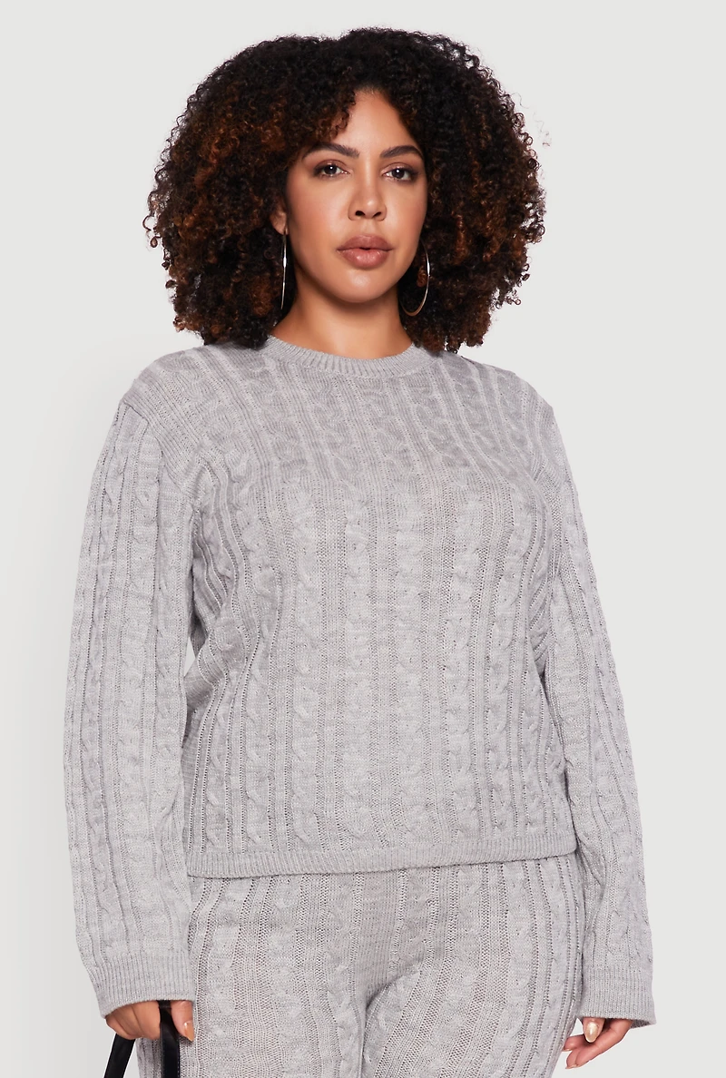 Womens Plus Cable Knit Crew Neck Pullover Sweater, Grey,