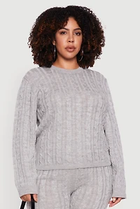 Womens Plus Cable Knit Crew Neck Pullover Sweater, Grey,